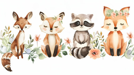 Fototapeta premium Watercolor Cute Woodland Animals with Flowers.