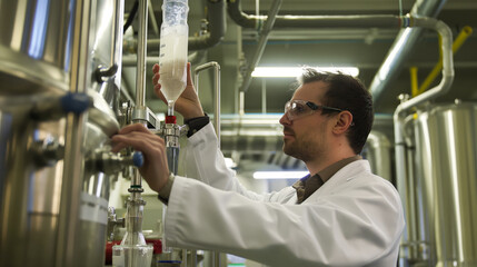 Scientist in lab coat analyzing samples from an industrial fermenter within a pharmaceutical facility.