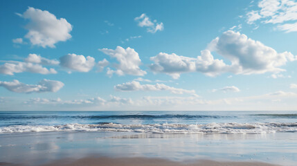 Fototapeta premium tranquil beach featuring gentle waves lapping the shore under a bright blue sky filled with fluffy white clouds.