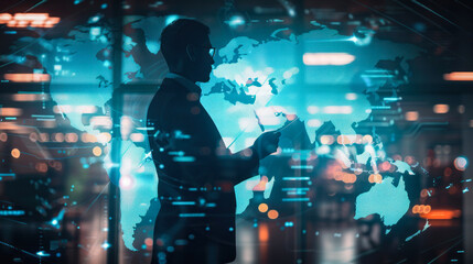 Tech professional using futuristic digital world map.