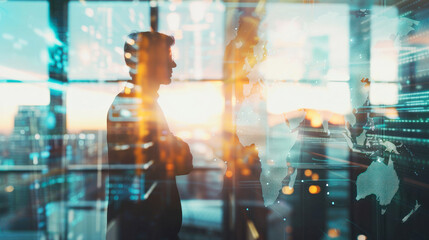 Silhouette of man with digital world map overlay