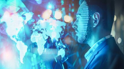 Close-up silhouette of man with digital world map