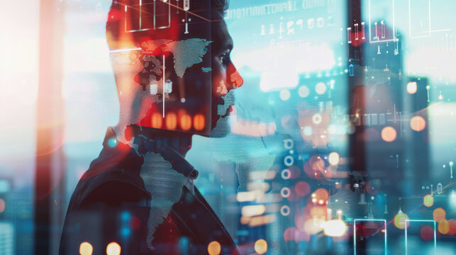 Overlay of high-tech world map with silhouette view - Powered by Adobe