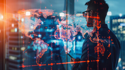 Businessman engaged with virtual global interface.