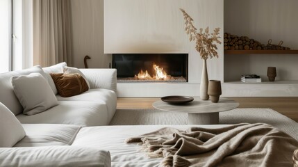 cozy scandinavian living room with fireplace