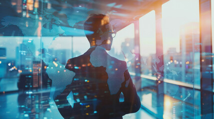 Businessman in office with digital world map overlay