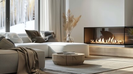 cozy scandinavian living room with fireplace