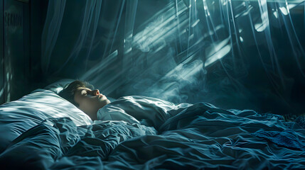 A serene scene of a person peacefully sleeping on a bed with soft, diffused light streaming through a window, creating a calm atmosphere.