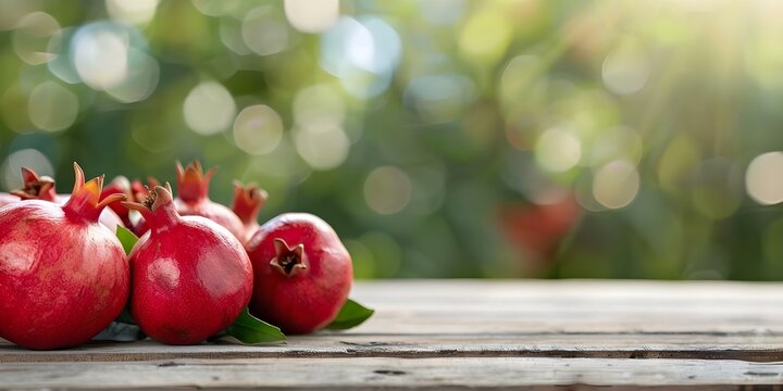 Promoting Healthy Food and Agriculture with Blurry Tree Background and Pomegranate Wooden Table. Concept Healthy Food, Agriculture Promotion, Blurry Tree Background, Pomegranate Wooden Table