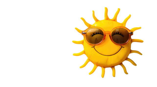 Bright yellow sun with rays on white background or PNG