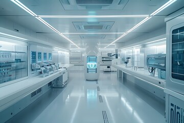 Obraz premium A sterile and minimalist laboratory space, featuring futuristic equipment with clean lines and a futuristic aesthetic, highlighting the efficiency and precision of advanced technology