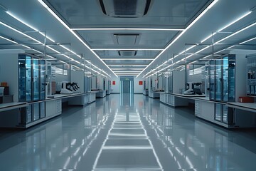 Obraz premium A sterile and minimalist laboratory space, featuring futuristic equipment with clean lines and a futuristic aesthetic, highlighting the efficiency and precision of advanced technology