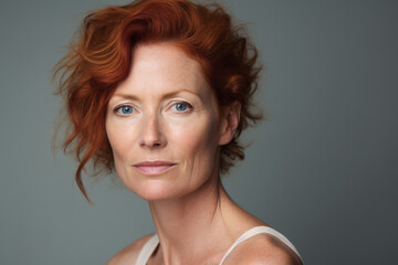 Beautiful middle aged woman with freckles and red hair without makeup in front of blue studio background