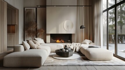 Fototapeta premium cozy scandinavian living room with fireplace