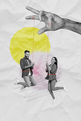 Creative abstract template collage of hand hold puppet manipulation employees social media...