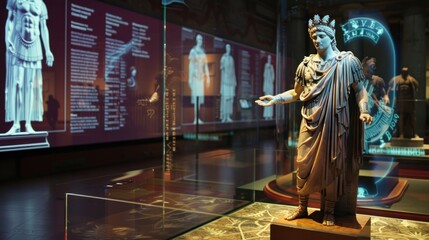 Elegant statue of a Roman figure in a museum display.