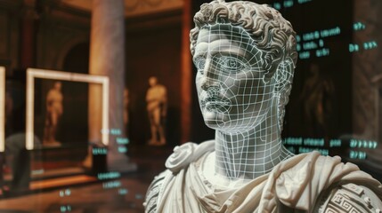 Statue with a wireframe digital overlay in historic museum