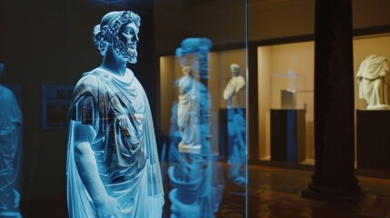 Ancient statue displayed with advanced holographic technology.