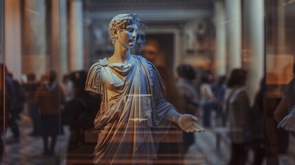 Classical statue in a busy museum with natural lighting.
