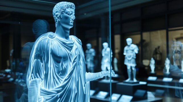 Ancient statue juxtaposed with futuristic digital overlay. - Powered by Adobe