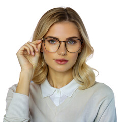 Fototapeta premium Woman Adjusting Glasses, Portrait, Blonde Hair, Casual Clothes