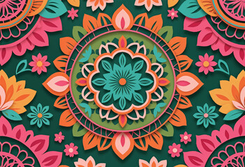 a colorful design of papel picado with a circle of pink flowers