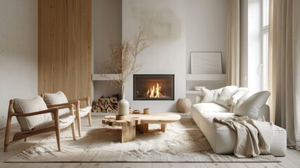 Fireplace, light sofa, coffee table. Scandinavian style home interior design of modern living room