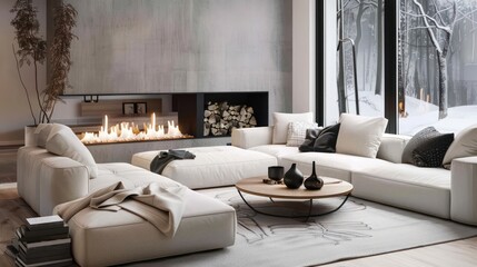 Fireplace, light sofa, coffee table. Scandinavian style home interior design of modern living room