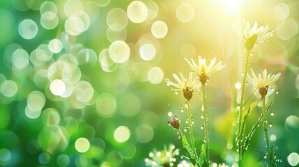 Obraz premium Shimmering dew drops on fresh morning grass with beautiful bokeh circles in nature