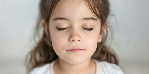 Fototapeta premium Young girl meditates peacefully eyes closed promoting childrens mental health and relaxation. Concept Mental Health, Children, Meditation, Relaxation, Mindfulness