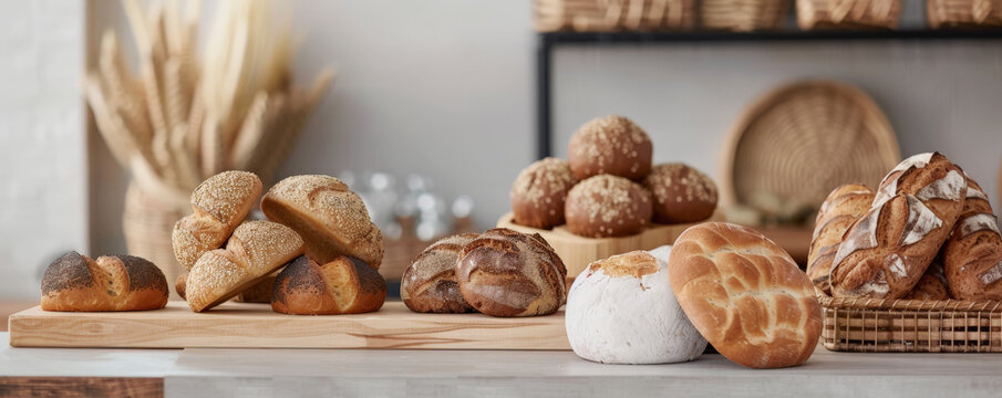 A beautifully arranged display of various bread types in a bakery setting. The background is a light, neutral color, providing ample copy space for text or logos.