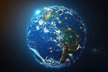 Obraz premium planet earth with many connections of luminous lines connecting in a common chain. ai generative