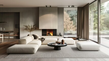 Fototapeta premium Fireplace, light sofa, coffee table. Scandinavian style home interior design of modern living room