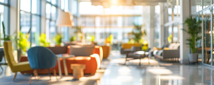 A blurred image of an office lounge area with cozy seating, large windows, and bright lighting, conveying a relaxed and modern corporate space.