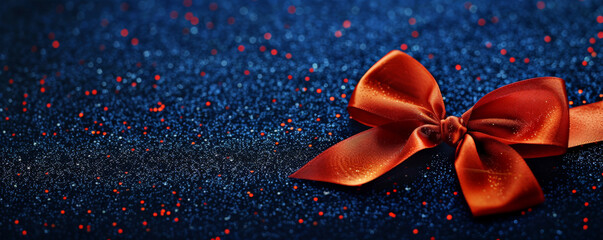 A bold red ribbon bow on a dark blue glitter background. The high-contrast colors and shimmering backdrop create a striking and festive look.
