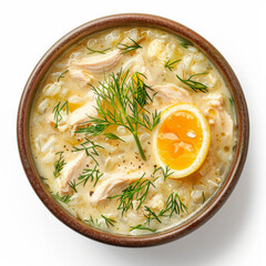 A bowl of Greek avgolemono soup, chicken soup with rice, egg, and lemon, garnished with fresh dill, isolated on white background.