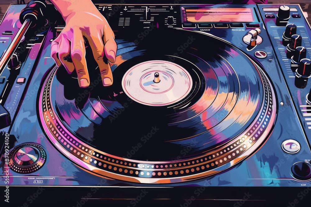 Sticker close up of djs hand on turntable with vibrant colors and dynamic lighting capturing the energy