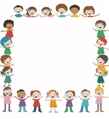 A frame with kids singing in a choir around the border of an empty white rectangle. Clip art style, vector illustration. 