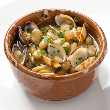A bowl of Spanish fabes con almejas, butter beans with clams in a rich broth of garlic, white wine, and parsley, isolated on white background.