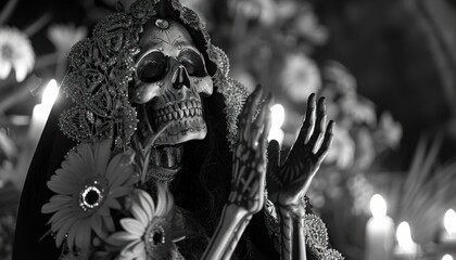Portrait on santa muerte with black and white colors on face. Celebrate mexicans day of the dead