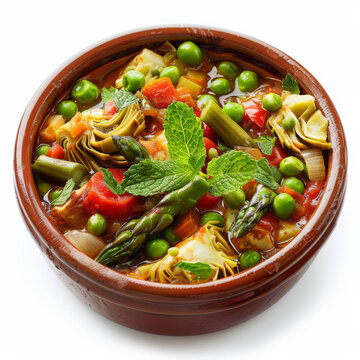 A bowl of Spanish menestra de verduras, mixed vegetable stew with artichokes, peas, and asparagus, garnished with mint, isolated on white background.