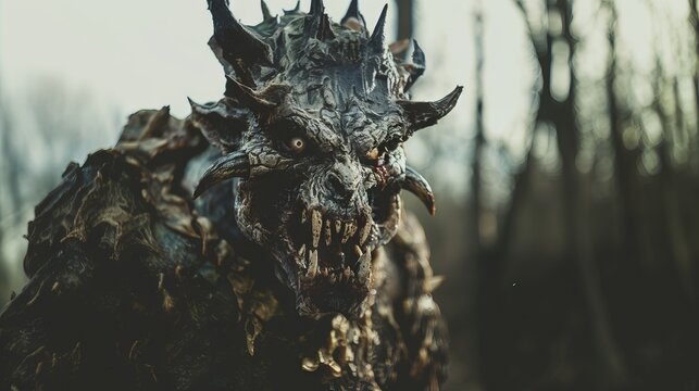 Devil satan beast monster from hell with big teath and horns on body