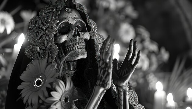 Portrait on santa muerte with black and white colors on face. Celebrate mexicans day of the dead