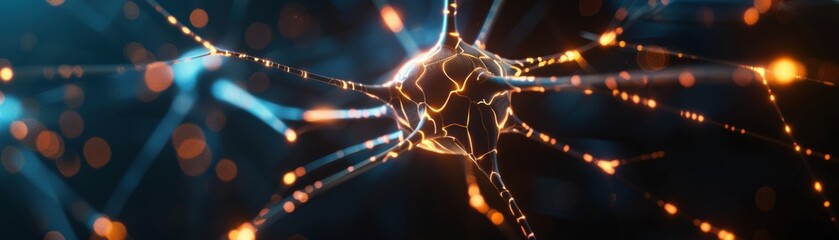 Abstract visualization of a neural network with glowing connections and nodes. Perfect for AI, technology, and science-related topics.