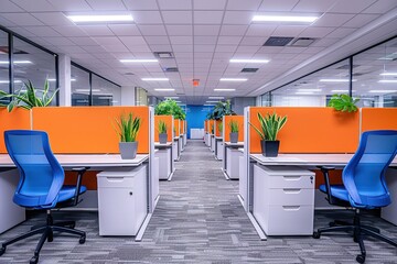 A photo of office cubicles with white desks and blue chairs, plants on the desks, orange walls,...