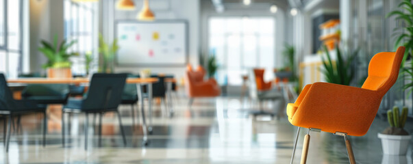 A bright, open office with a blurred background of collaborative spaces, whiteboards, and modern furniture, giving a creative and productive vibe.