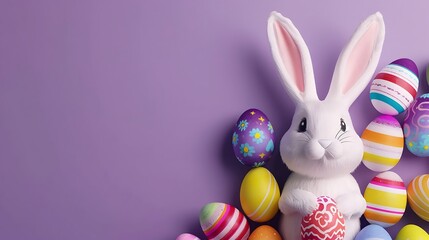 Obraz premium white Easter bunny with colorful eggs in decorated on the background with empty space isolated on the purple background 