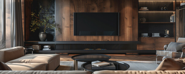 A chic wooden living room with a large TV, elegant furniture, and a minimalist fireplace. Use dark wood accents and a monochromatic color scheme for a sophisticated look.