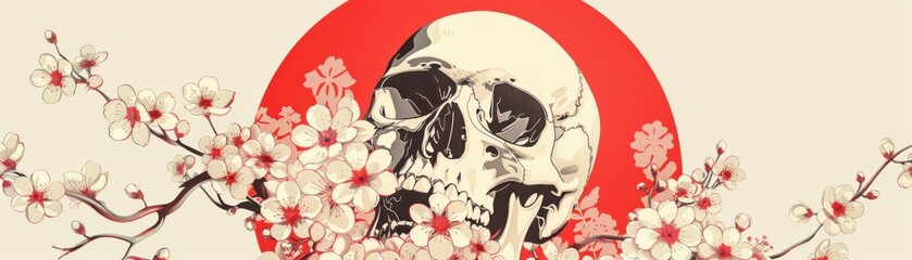 Artistic skull illustration with cherry blossoms and a red circle backdrop, blending dark and floral themes in a unique design.