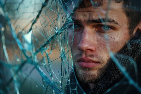 Portrait of a young, sad man against the background of broken glass. ai generative